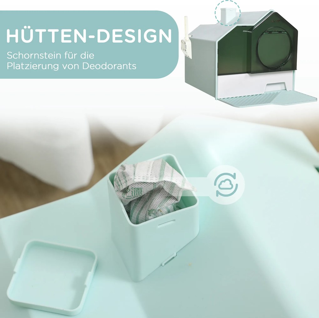 PawHut Toaleta dla kotów, Design chatki, 1 Mata filtrująca, 1 Łopatka do żwirku, wymienna podstawka, Zielony + Biały