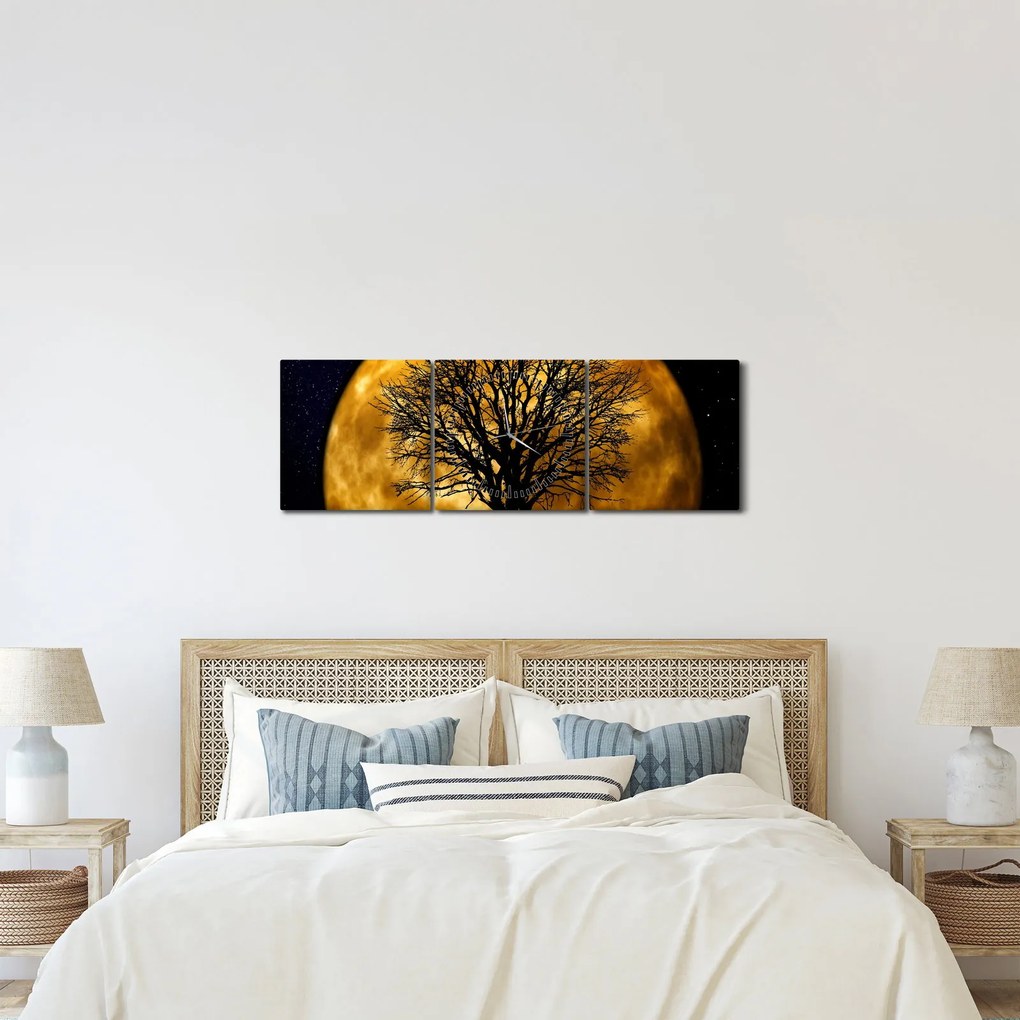 Obraz księżyca i sylwetki (z zegarem) (90x30 cm)