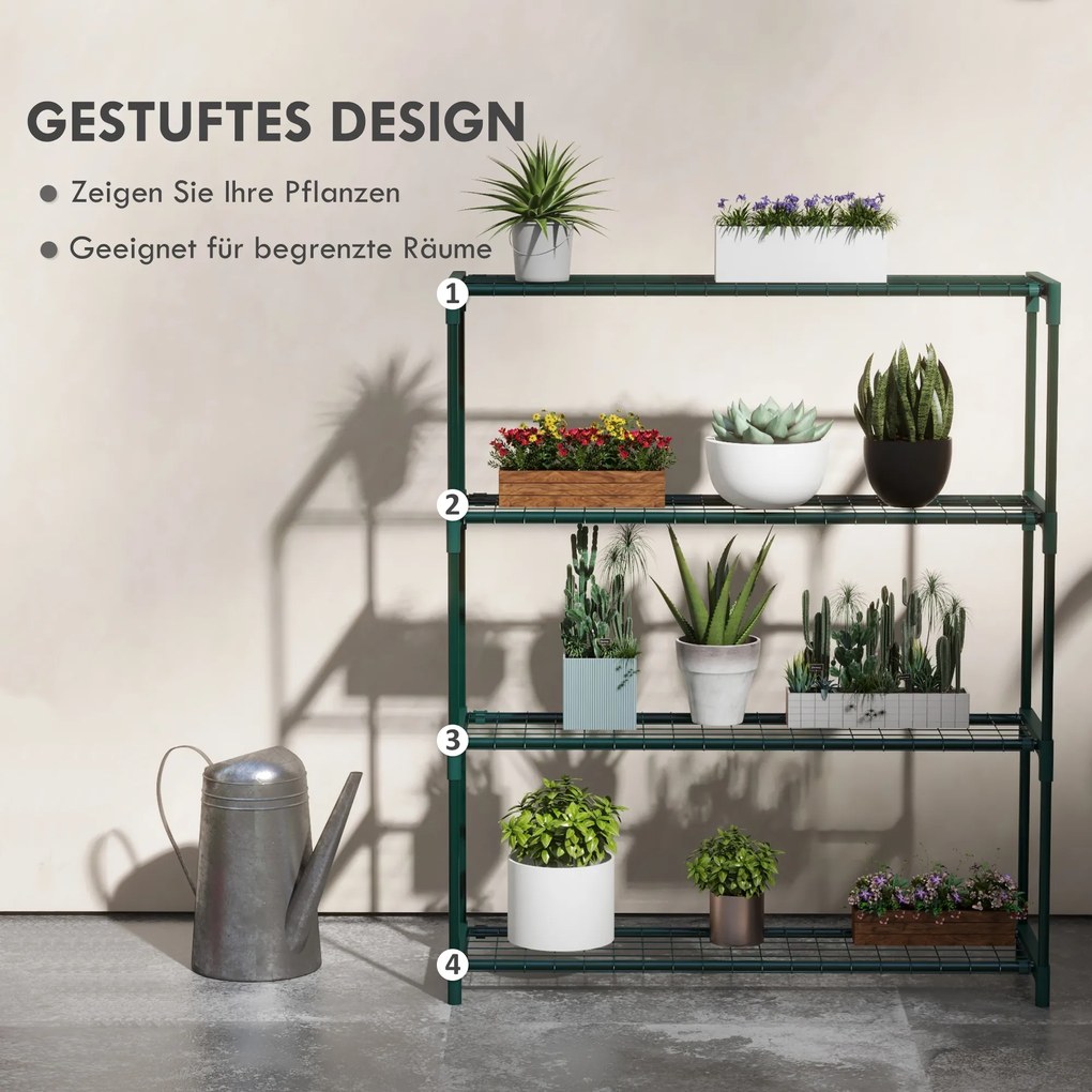 Outsunny Stojak na rośliny, stojak na kwiaty z 4 poziomami, stojak na rośliny do ogrodu, balkonu, stal, ciemnozielony, 89 x 28 x 107 cm