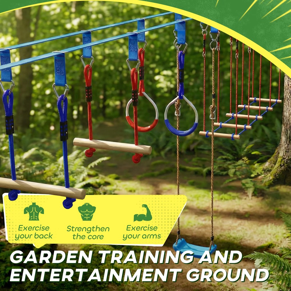 AIYAPLAY Ninja Line dla dzieci, zestaw 24 m Slackline z pierścieniami gimnastycznymi, 7 przeszkodami, mostem do balansowania, dla dzieci w wieku 3-6 lat, czerwony+niebieski | Aosom PL