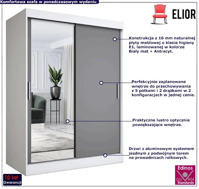 Szafa przesuwna z lustrem 150 cm biel + antracyt - Seko 4X