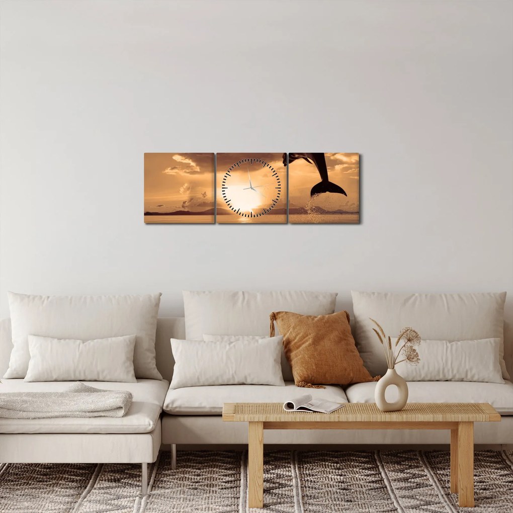 Obraz - Delfin o zachodzie słońca (z zegarem) (90x30 cm)