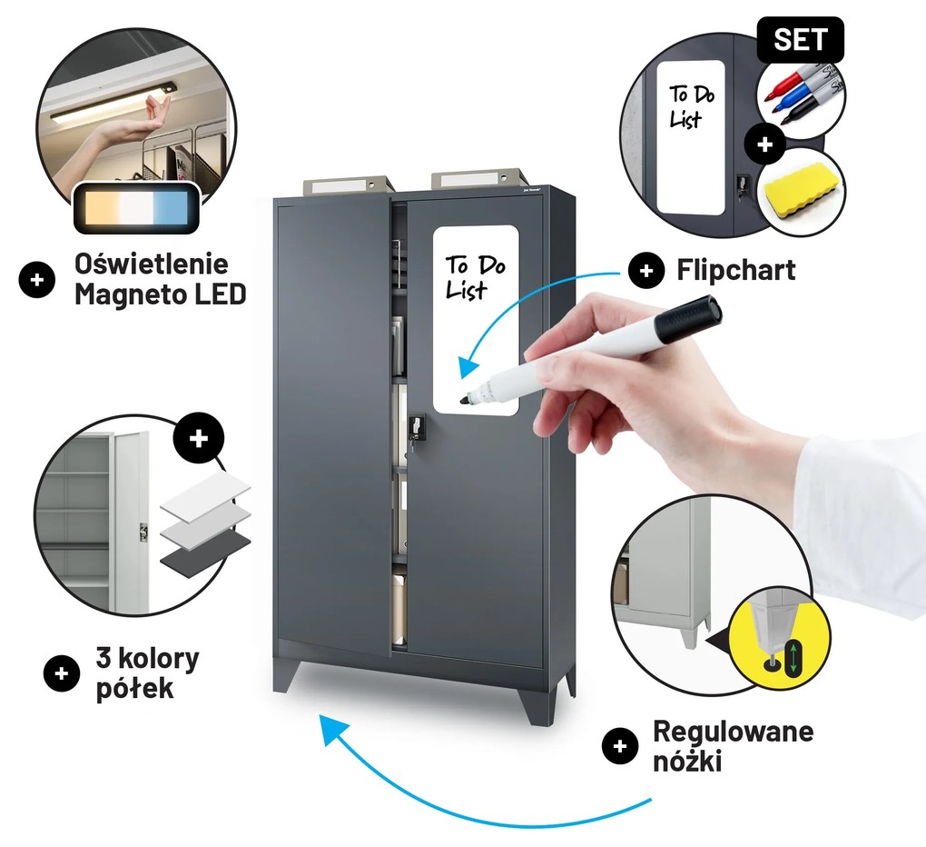 Szafa biurowa metalowa na akta antracytowa JAN II, 1150 x 1850 x 400 mm