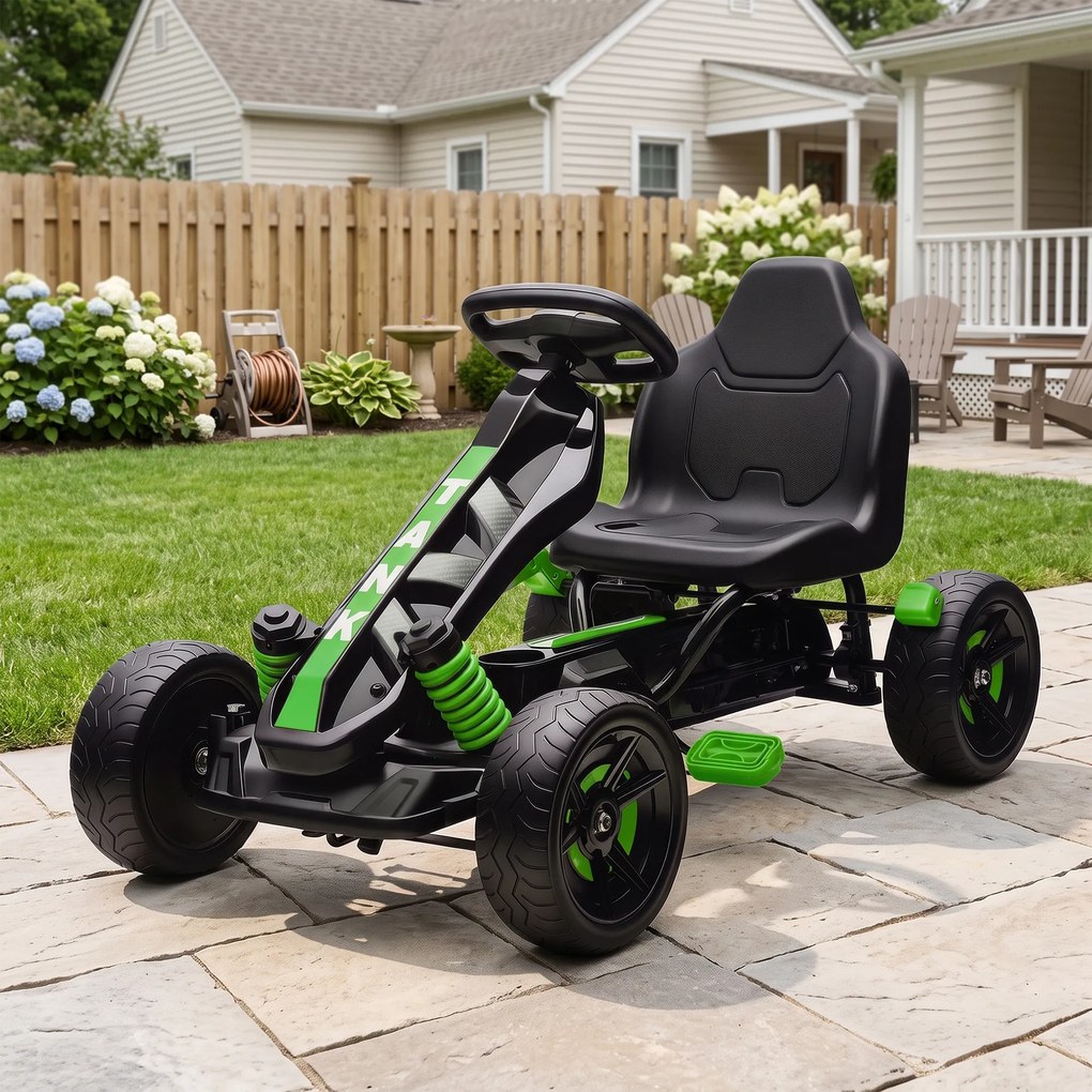 AIYAPLAY Gokart z pedałami, samochodzik na pedały dla dzieci z hamulcem, antypoślizgowe koła, metalowa rama, 3-6 lat, zielony | Aosom PL