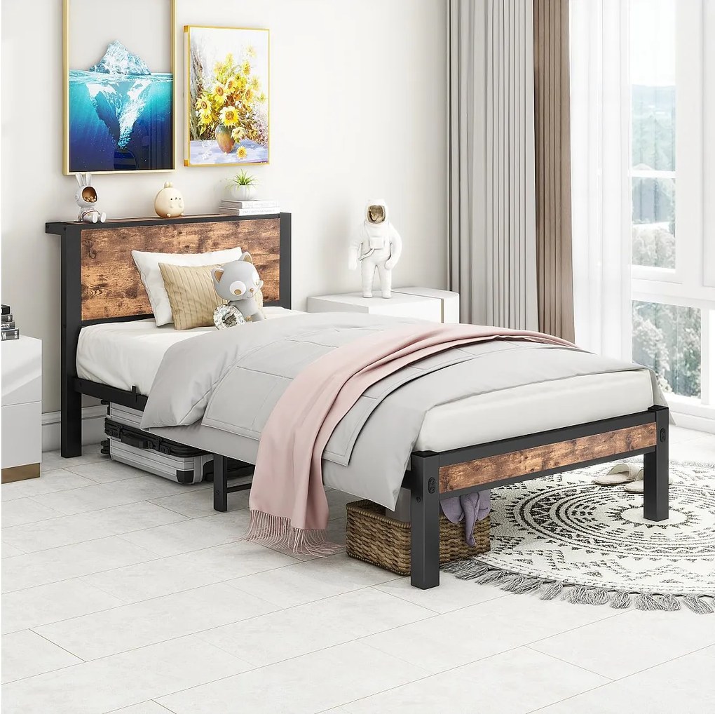 Łóżko dla dzieci 90x200 cm - łóżko pojedyncze z zagłówkiem i schowkiem pod łóżkiem - brązowe - bez materaca