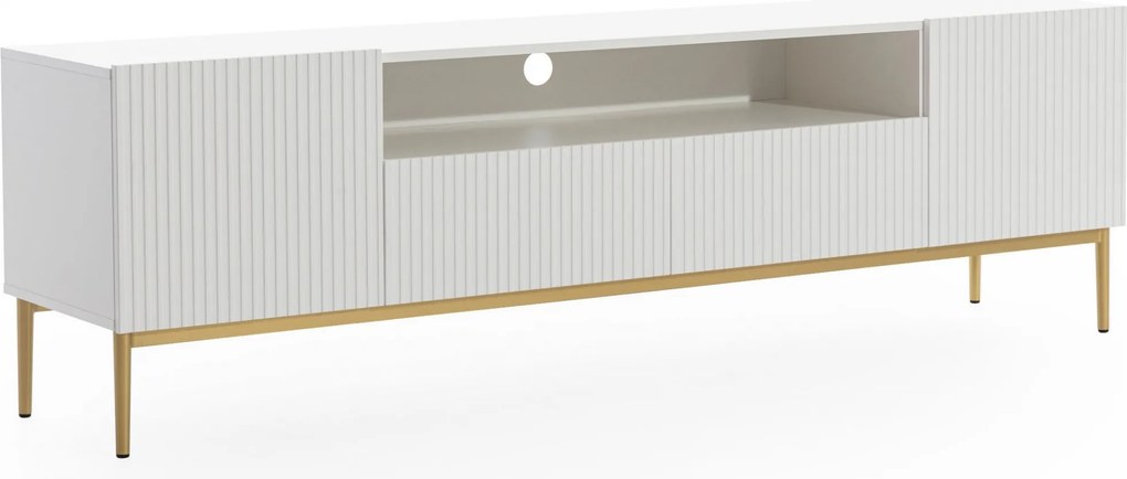 Szafka RTV Nicole 200 cm z wnęką i szufladami - biały mat / złote nóżki