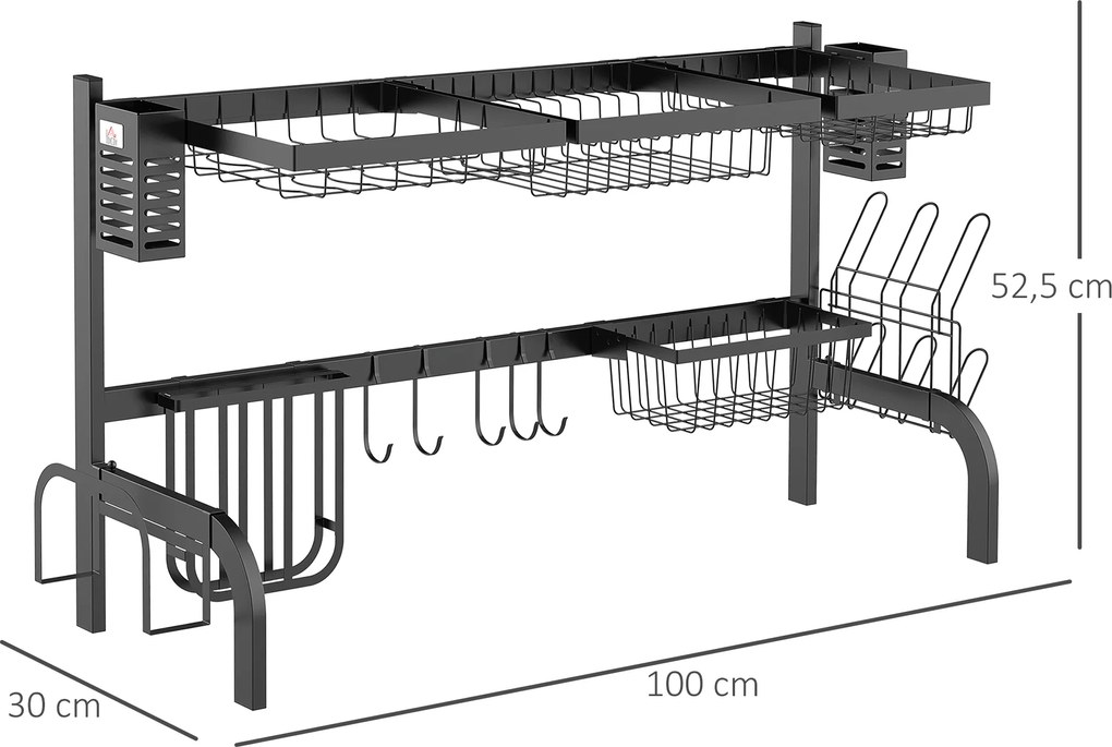 HOMCOM Suszarka na Naczynia, 2-Poziomowy Stojak z Hakami, Talerzami, Akcesoriami, 100 cm Stal, Czarny