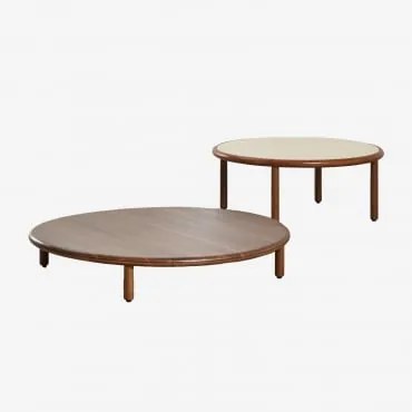 Zestaw 2 Okrągłych Stolików Kawowych Z Drewna Akacjowego Olivia Ciemny Akacjowy Brąz - Kremowa Semoline & Ciemny Akacjowy Brąz - Sklum