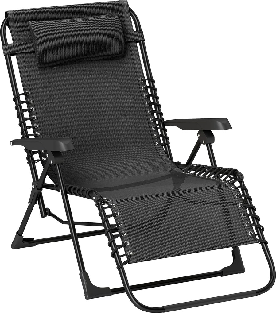 Outsunny Składany leżak ogrodowy z poduszką, z 5-stopniową regulacją oparcia, odporny na ciężar do 120 kg, czarny