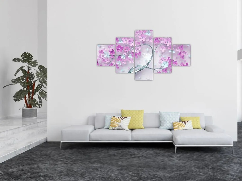 Obraz kwiatów na srebrnej łodydze - abstrakcja (125x70 cm)