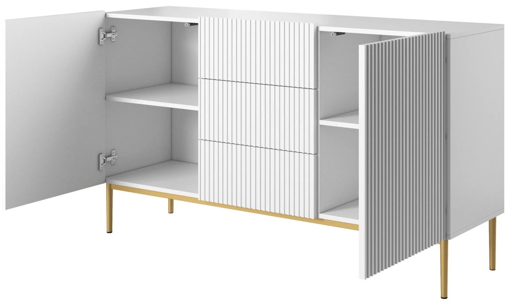 Komoda Nicole 150 cm z szufladami i ryflowanym frontem - biały mat / złote nóżki