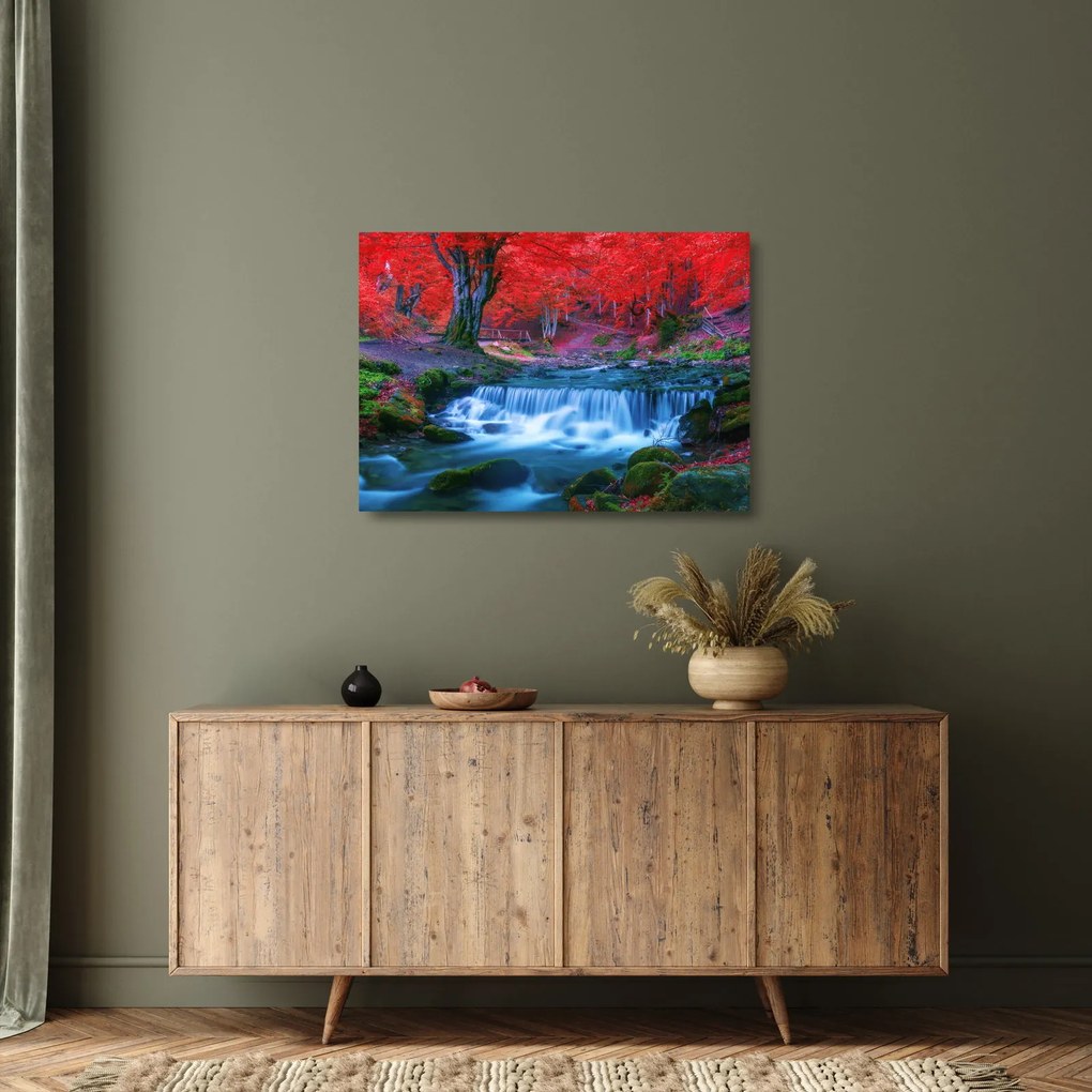 Obraz na szkle wodospadu w czerwonym lesie (70x50 cm)