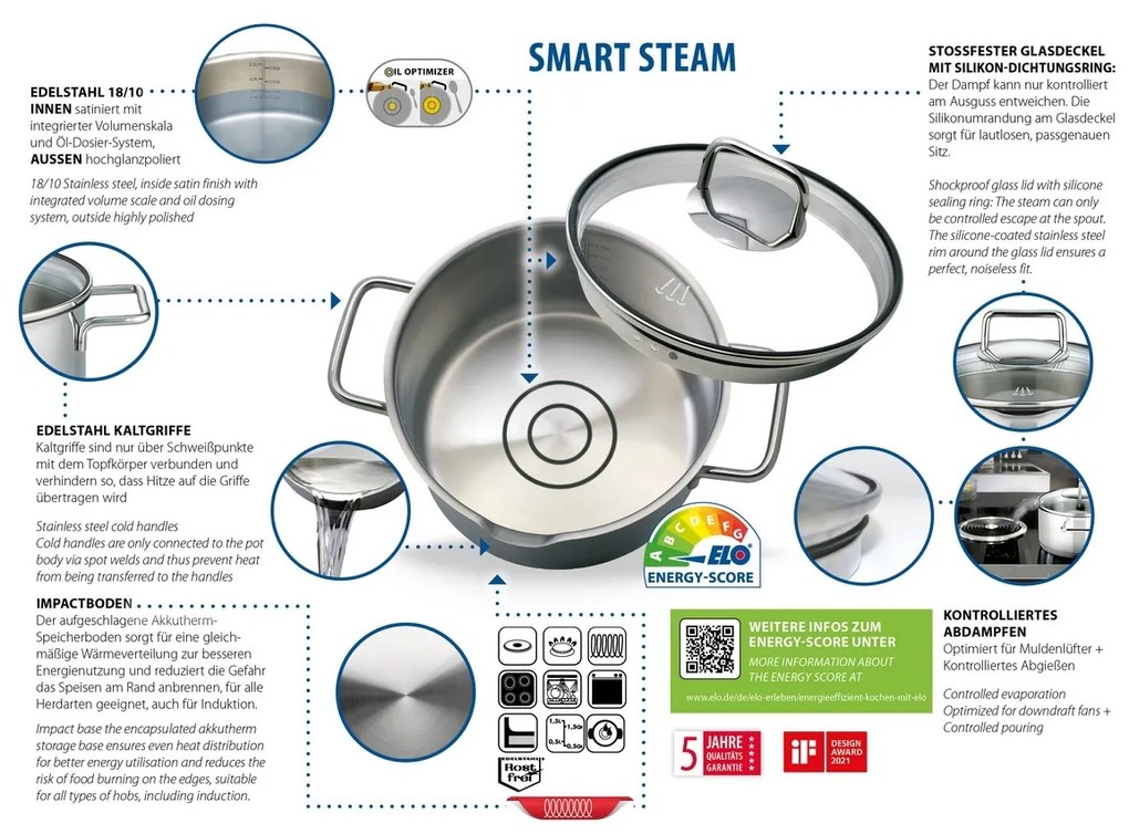 Elo 72404 4-częściowy zestaw garnków ze stalinierdzewnej Smart Steam