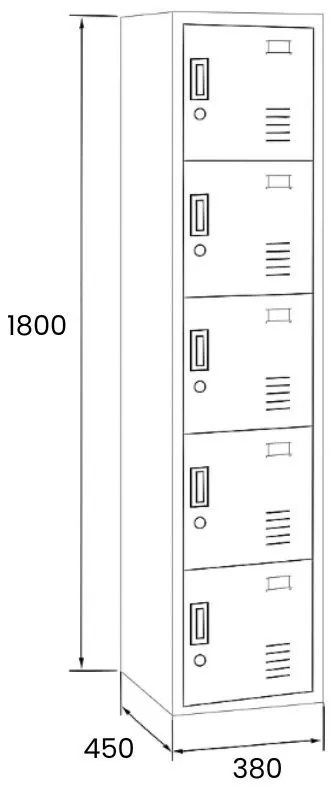Szafka skrytkowa, 5 schowków, 1800 x 380 x 450 mm, zamek cylindryczny, drzwi czerwone