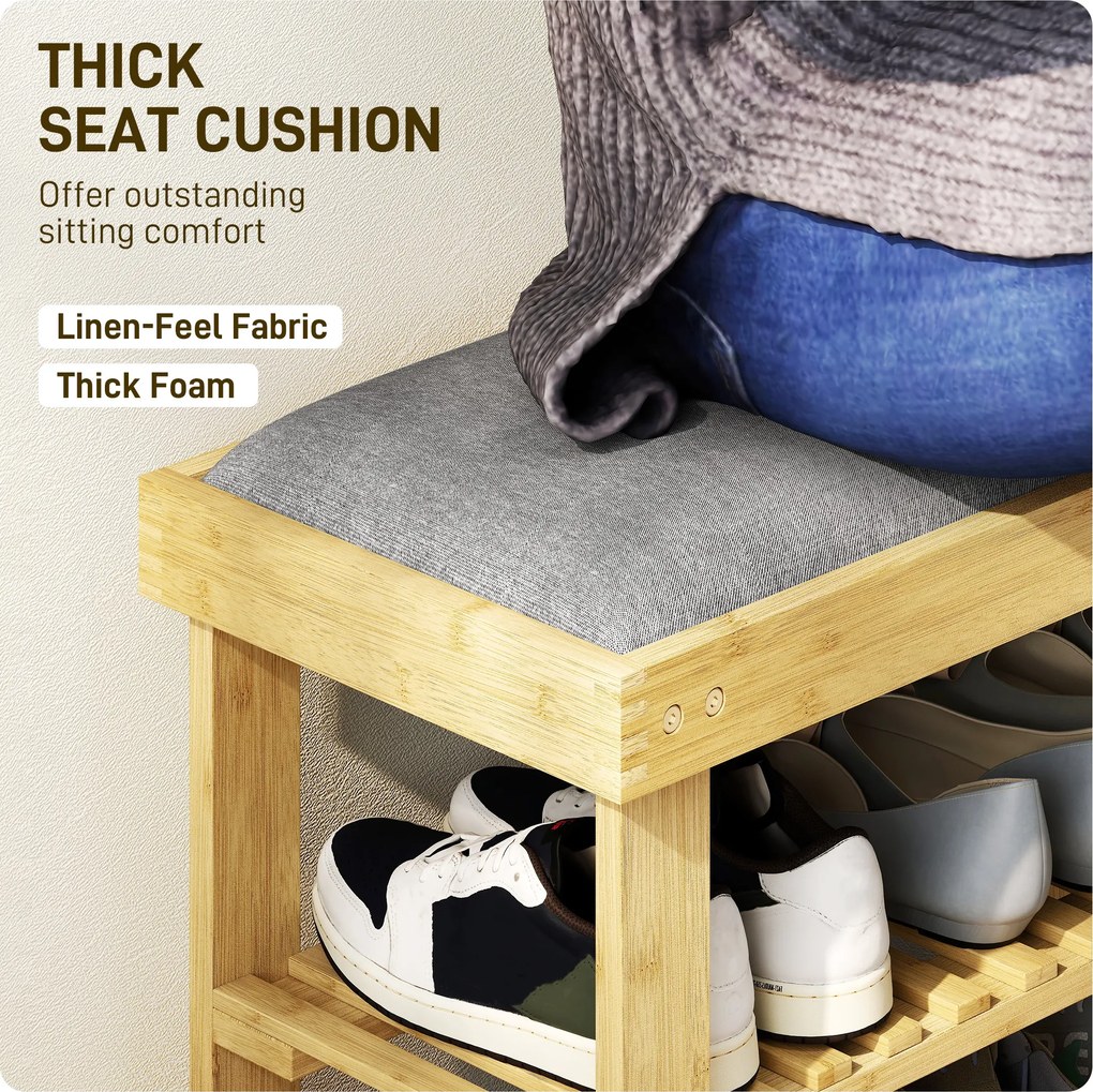 HOMCOM Ławka na buty z siedziskiem, bambusowa ławka z miejscem na obuwie, 2 otwarte półki, 60 x 29 x 49 cm, szara | Aosom PL