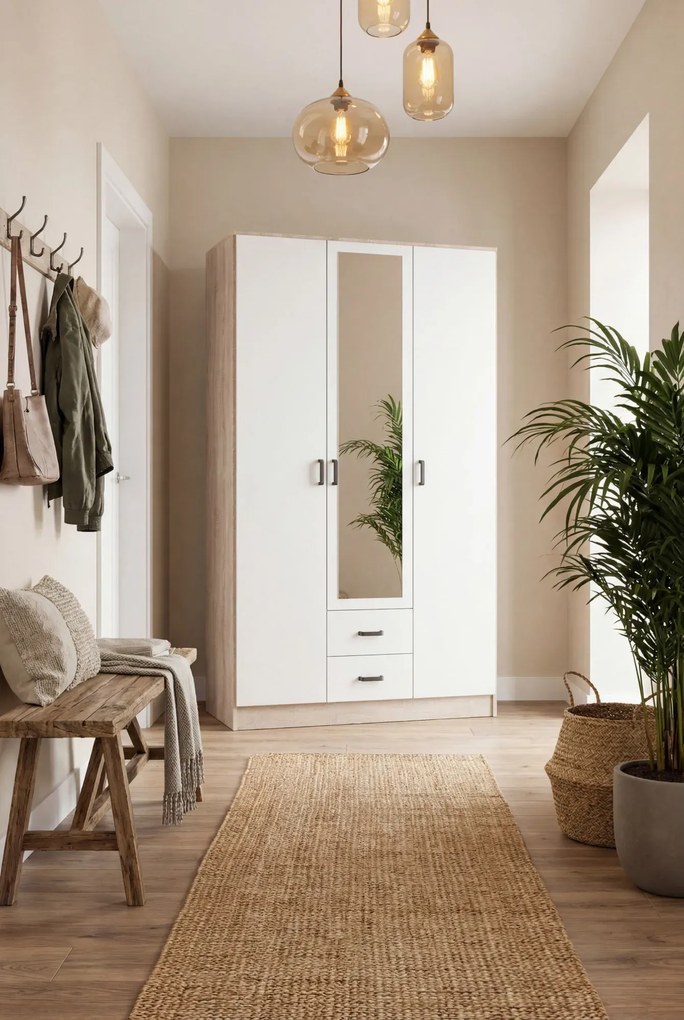 Skandynawska trzydrzwiowa szafa z lustrem dąb sonoma + biały H4-A82