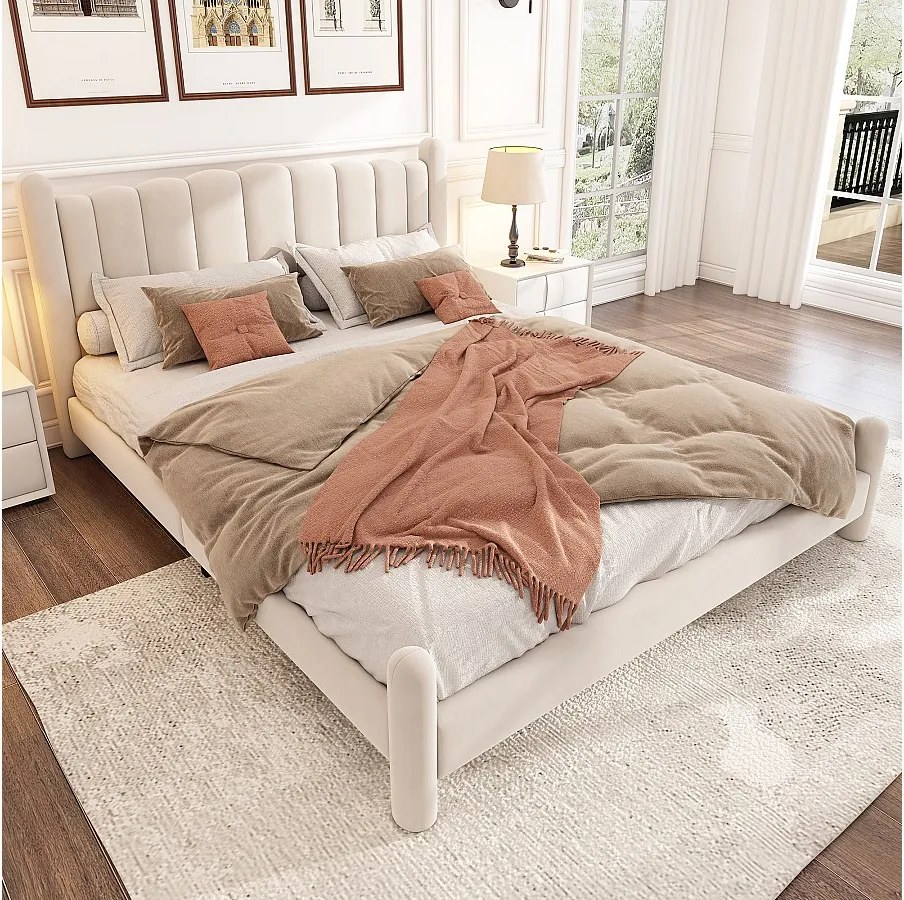 Łóżko tapicerowane 180 x 200 cm z wezgłowiem - łóżko dla dorosłych welurowe - wachlarz - beżowe