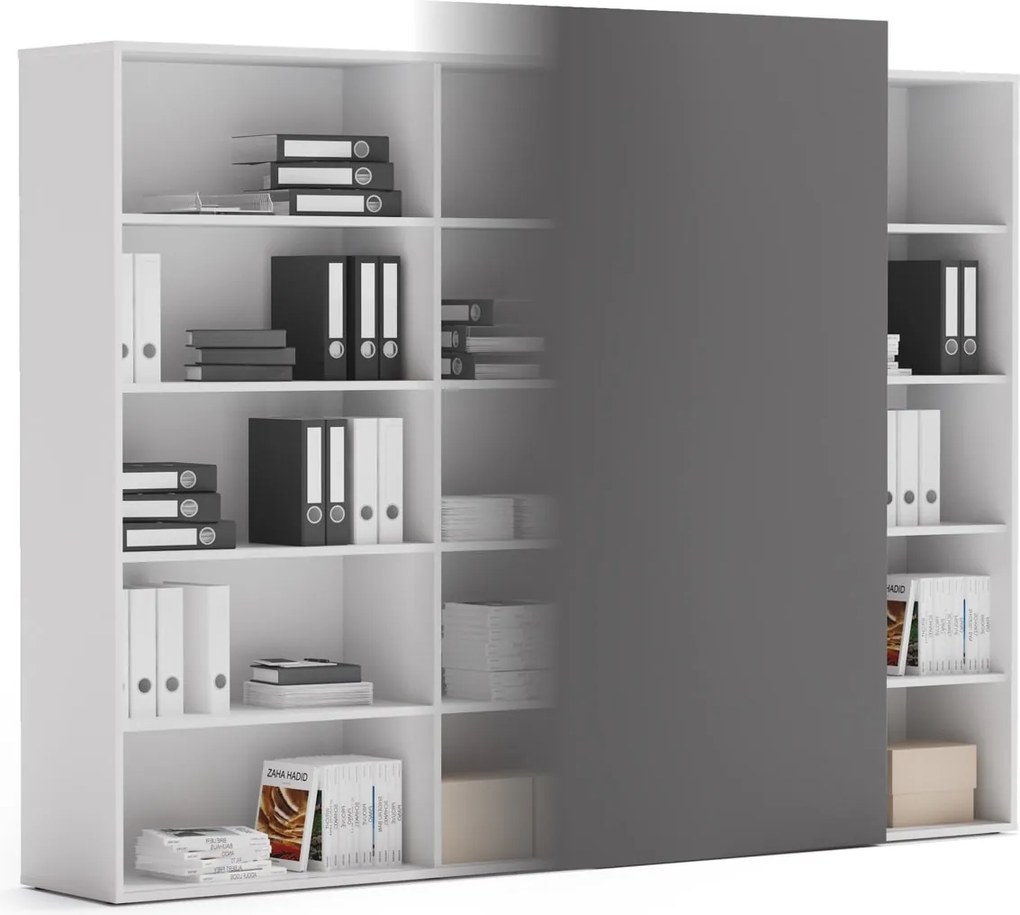 Regał biurowy z przesuwnym panelem BLOCK, 2390 x 400 x 1748, Biały / grafitowy