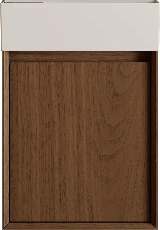 Wisząca szafka z umywalką do łazienki, umywalka z żywicy w kolorze białym mat – Ciemny naturalny – 40 x 25,5 x 57 cm – SOREL