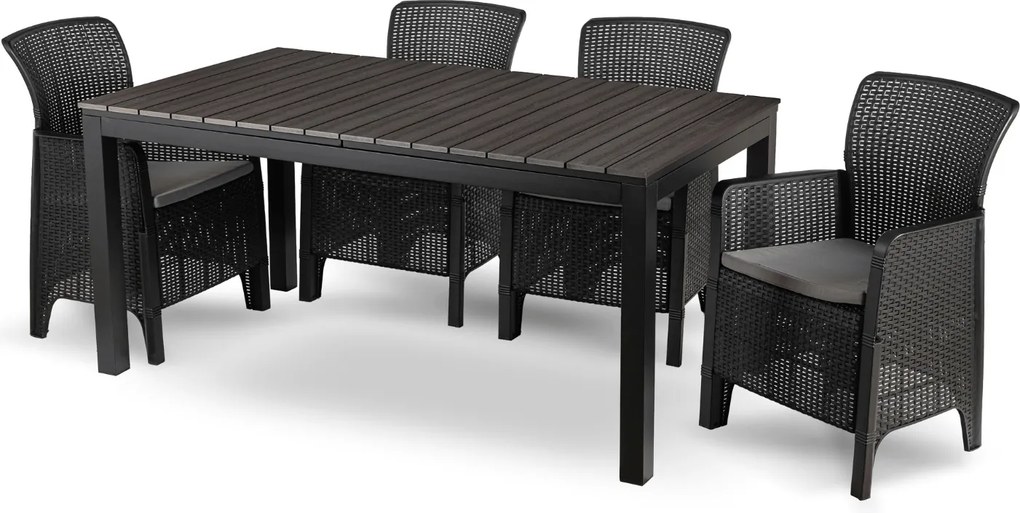 Zestaw Mebli Ogrodowych Stół ARGOS 160-210 cm Ciemnoszary Dąb/Czarny i 4x Fotel FRESNO Czarny Technorattan Nowoczesny