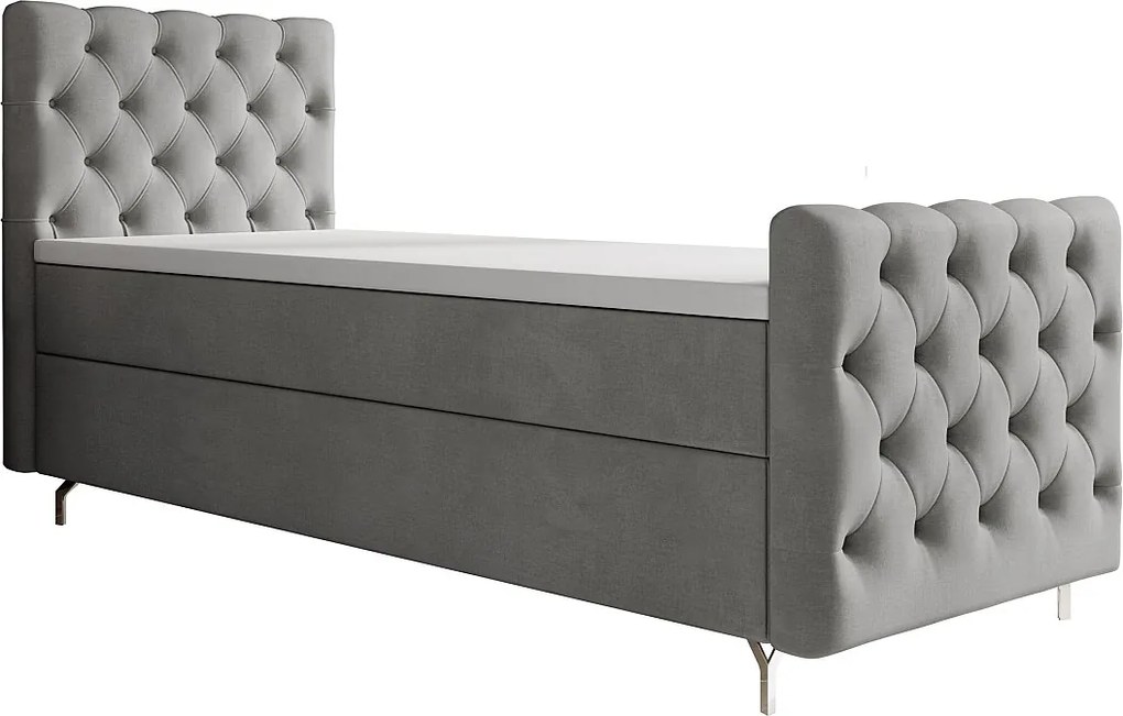 BEDANTE łóżko kontynentalne CHESTER PLUS 90x200 jasnoszary z materacem H3 i topperem łóżko z pojemnikiem, pojedyncze, hotelowe, do sypialni, ze schowkiem