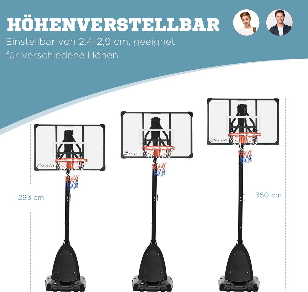 SPORTNOW Stojak na koszykówkę 293-350 cm, kosz do koszykówki ze stojakiem, rolki ze stali