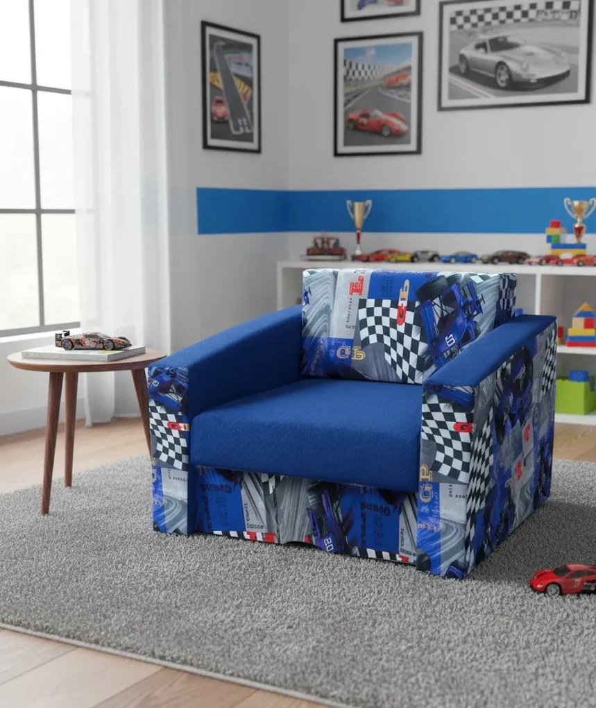 Niebieski rozkładany fotel tapicerowany z motyem F1 C0-H94