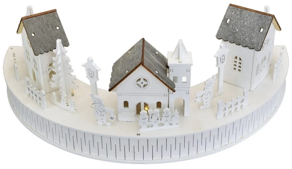 Drewniana dekoracja LED Wioska z kościołem, 40 x14 x 20 cm, półkole