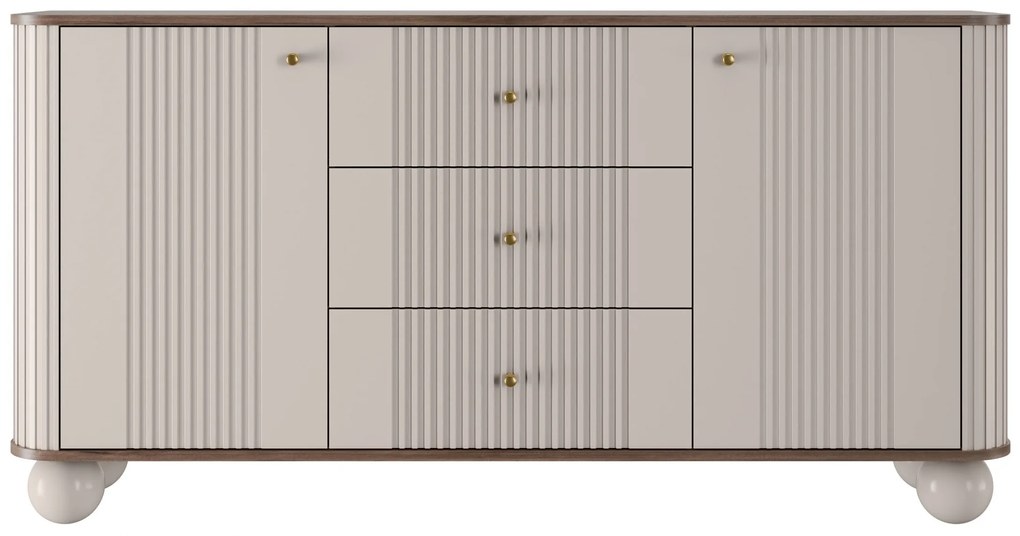 Komoda Vesper 160 cm z szufladami - kaszmir / orzech / złote uchwyty / nogi kule