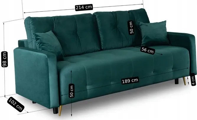 Sofa z Funkcją Spania SEUL Rozkładana Dwuosobowa Welurowa Zielona do Salonu