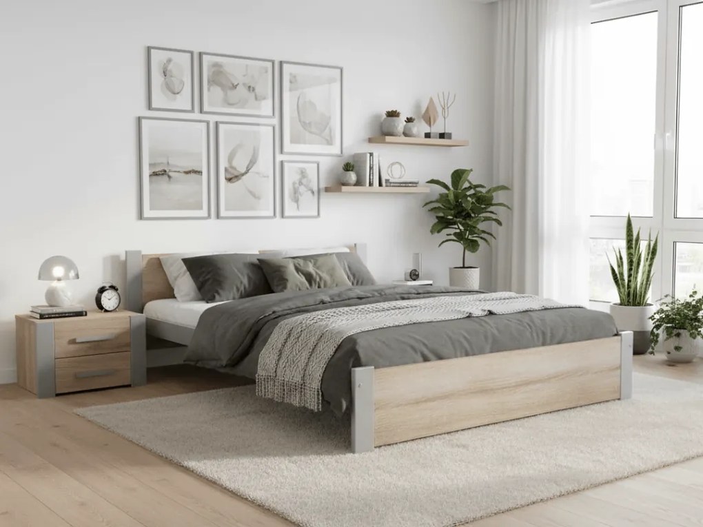Łóżko IKAROS 160 x 200 cm, dąb sonoma/szary Stelaż: Ze stelażem listwowym rolowanym, Materac: Materac Coco Maxi 20 cm