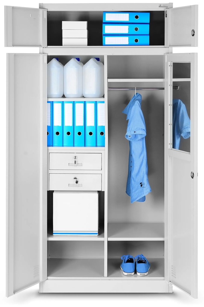 Wielokomorowa szafa socjalna z miejscem na ubrania BORYS, 900 x 1850 x 500 mm, szara