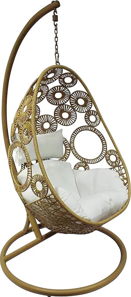 Wiszący fotel z technorattanu w kolorze beżowym z białą poduszką - MAKAHA