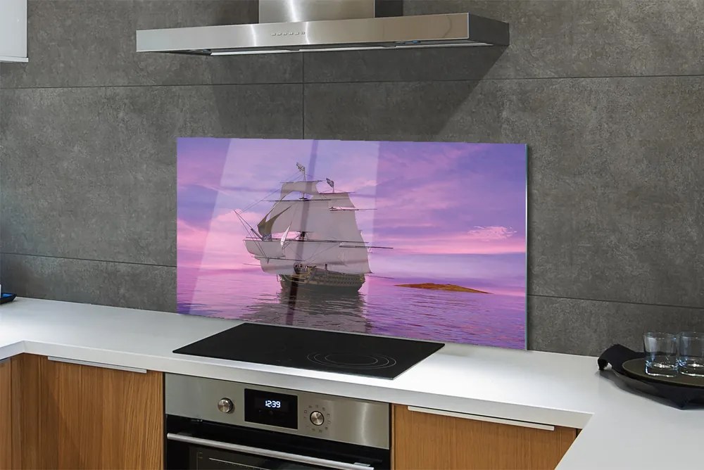 Szkło do Kuchni na Ścianę Statek pod Fioletowym Niebem