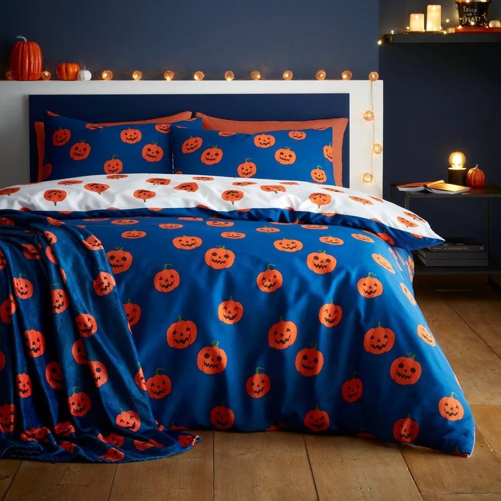 Niebiesko-pomarańczowa pościel dwuosobowa 230x220 cm Halloween Pumpkins – Catherine Lansfield
