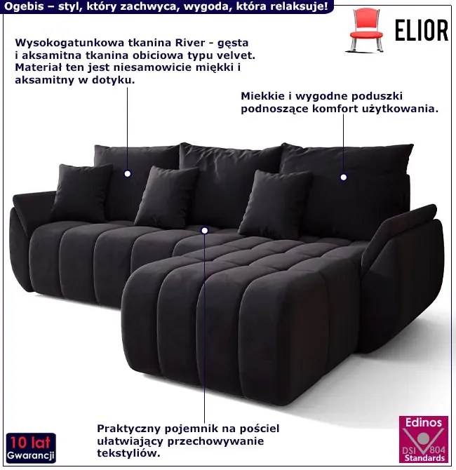 Czarna welurowa sofa z pojemnikiem na pościel - Ogebis