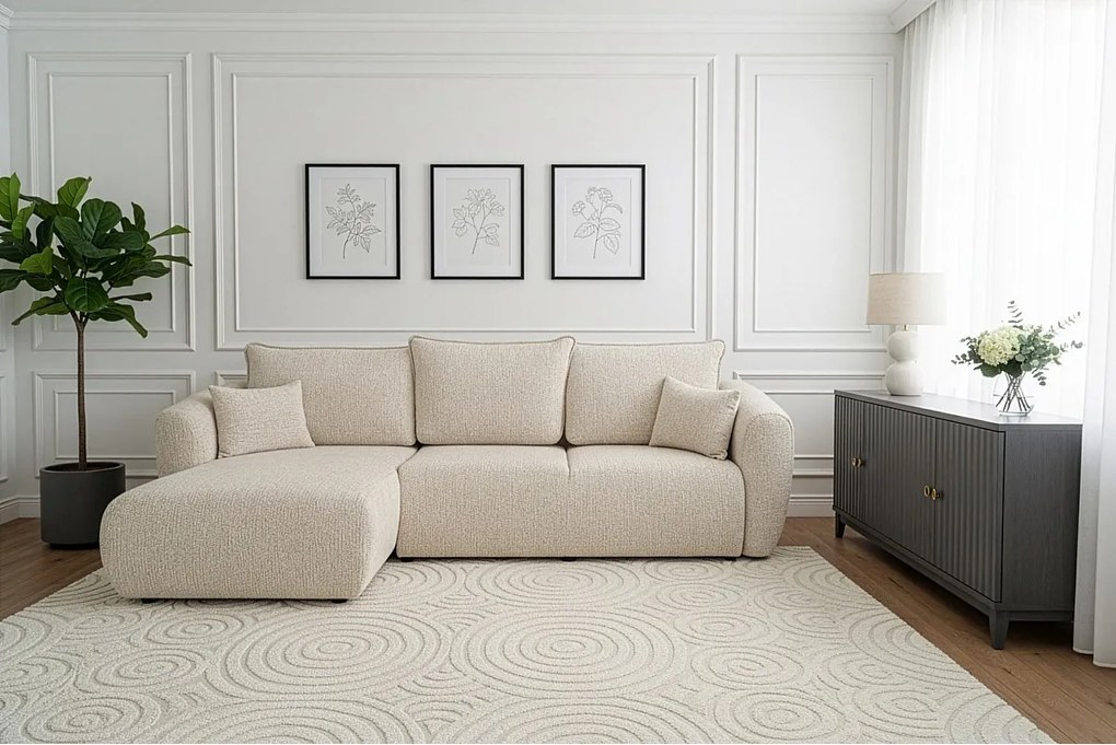 Uniwersalny narożnik Flora z funkcją spania, do salonu, tkanina Bella, ecru