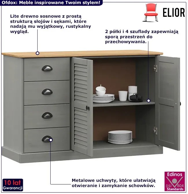 Szara komoda z drewna sosnowego z 4 szufladami C2-G99