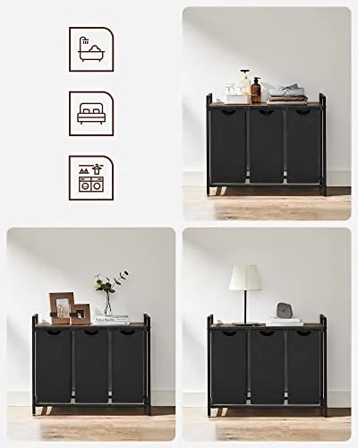 Kosz na bieliznę z półką BERGEN, 3x38l, czarny/brązowy SongmicsHome
