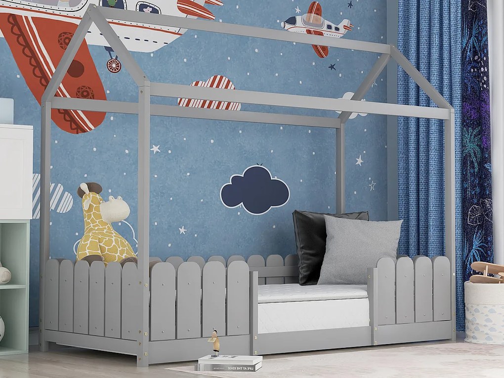 Łóżko dziecięce kabinowe - 90 x 200 cm - lite drewno - barierka i stelaż - szare