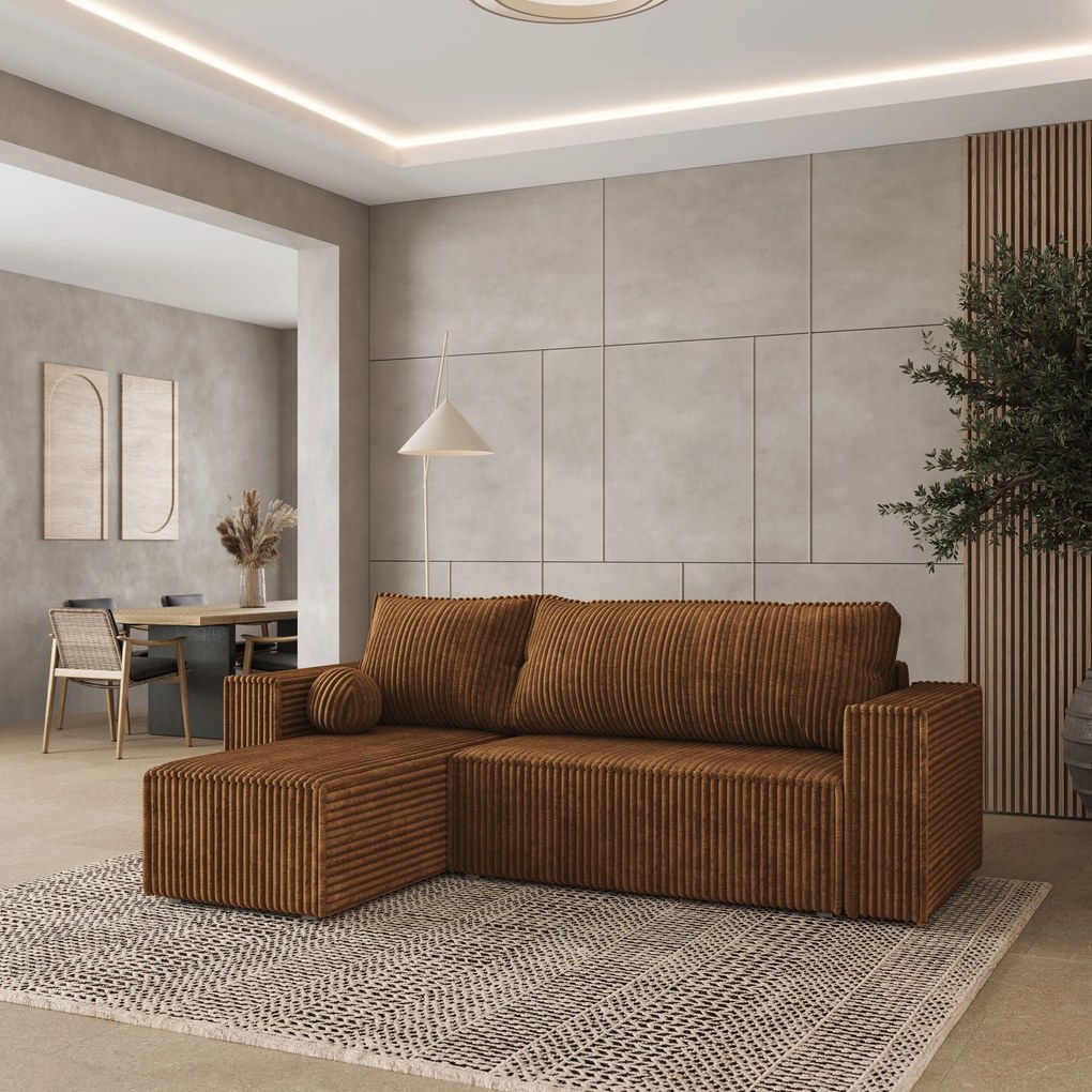 Masseno Narożnik RAVELO z funkcją spania i pojemnikiem na pościel Narozniki L, Rozkładana sofa - Miedziany, TILIA 56
