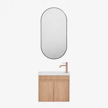 Zestaw Wiszących Mebli Łazienkowych Zintegrowany Z Umywalką Narek Popielaty Brąz & Owalna Osłona Led - Sklum