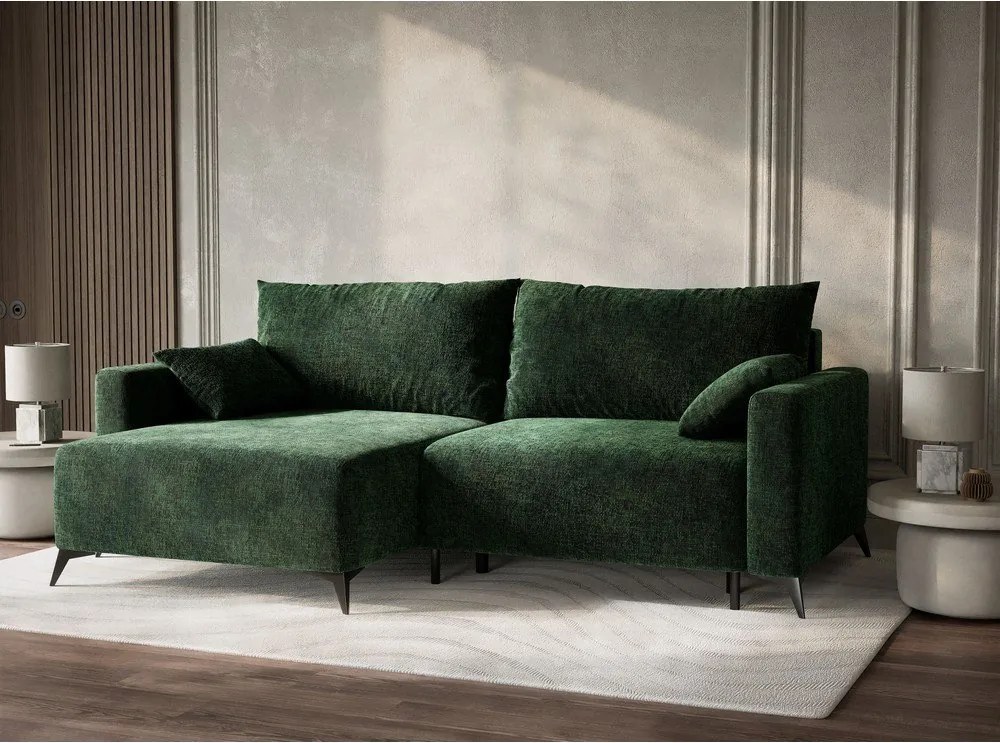Ciemnozielony rozkładany/ze schowkiem narożnik z tkaniny szenilowej (lewostronny/z szezlongiem) Leon – Maison de Rêve
