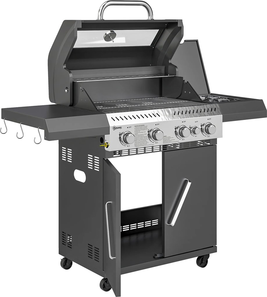 Outsunny Grill gazowy 12 KW na wózku z 5 palnikami bocznym palnikiem kółkami pokrywą termometrem bocznymi półkami 135 x 54 x 110 cm