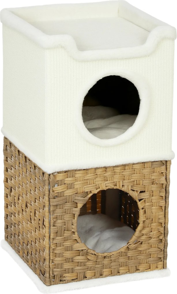 PawHut Drapak 75,5 cm Wysokości trzypoziomowy z pluszowym brzegiem, poduszkami, legowiskiem dla kota, dla kotów średniej wielkości, Kremowy