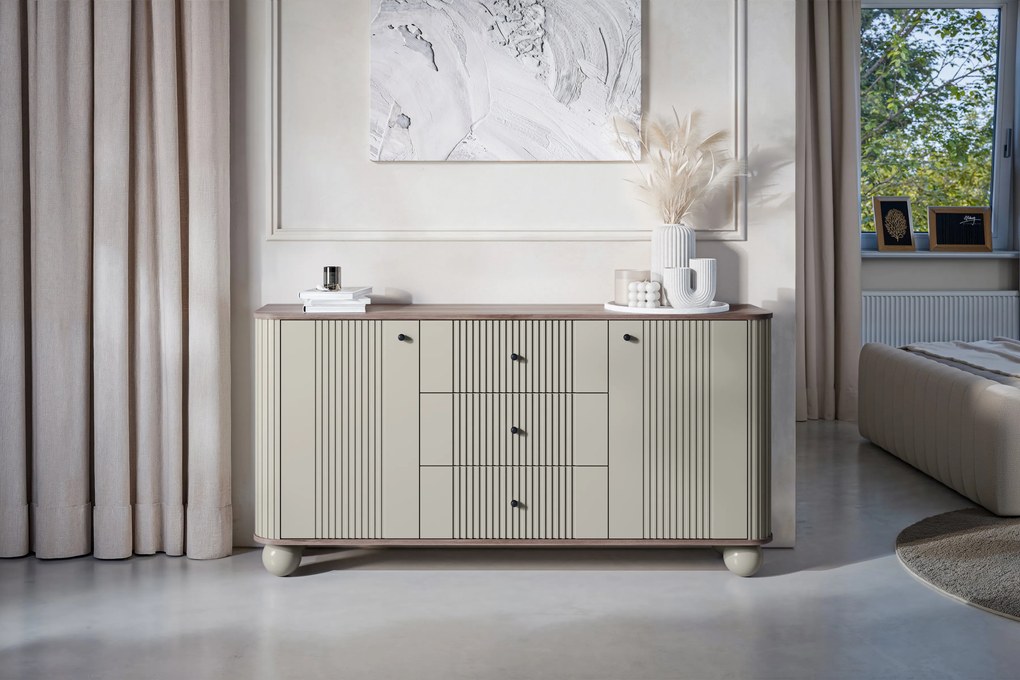 Komoda z szufladami Vesper 160 cm - kaszmir / orzech / czarne uchwyty / nogi kule