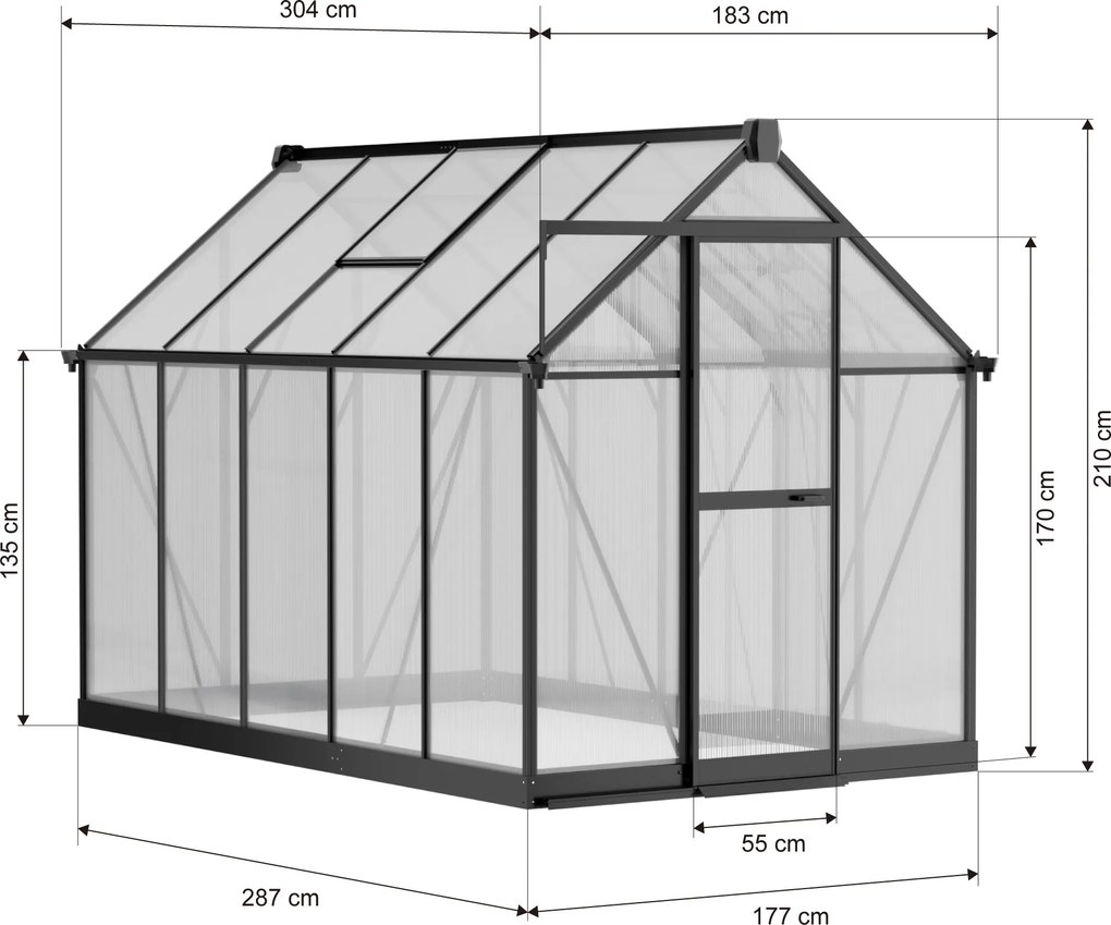 Szklarnia 210 x 183 x 304 cm, wzmocniona konstrukcja, poliwęglan 6 mm