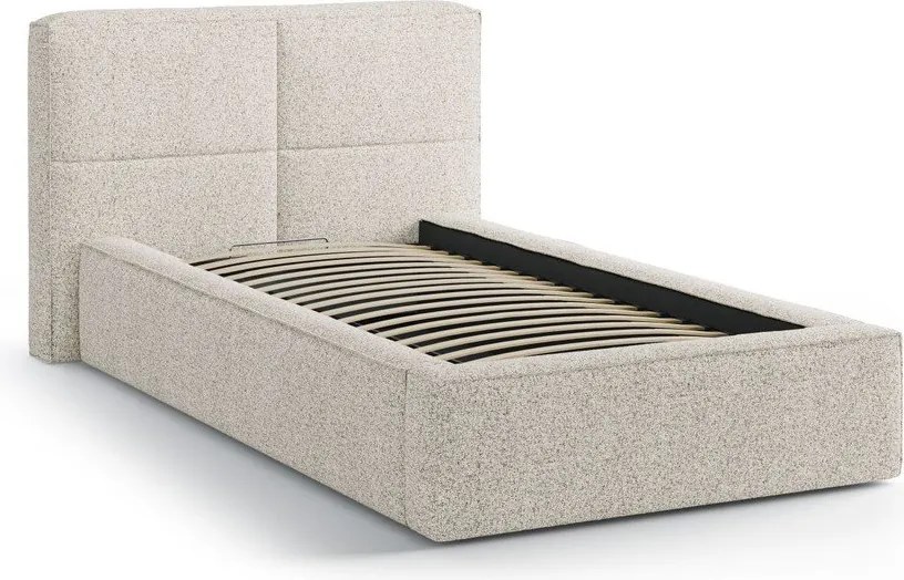 Beżowe tapicerowane łóżko jednoosobowe ze schowkiem i stelażem 90x200 cm Darren – Micadoni