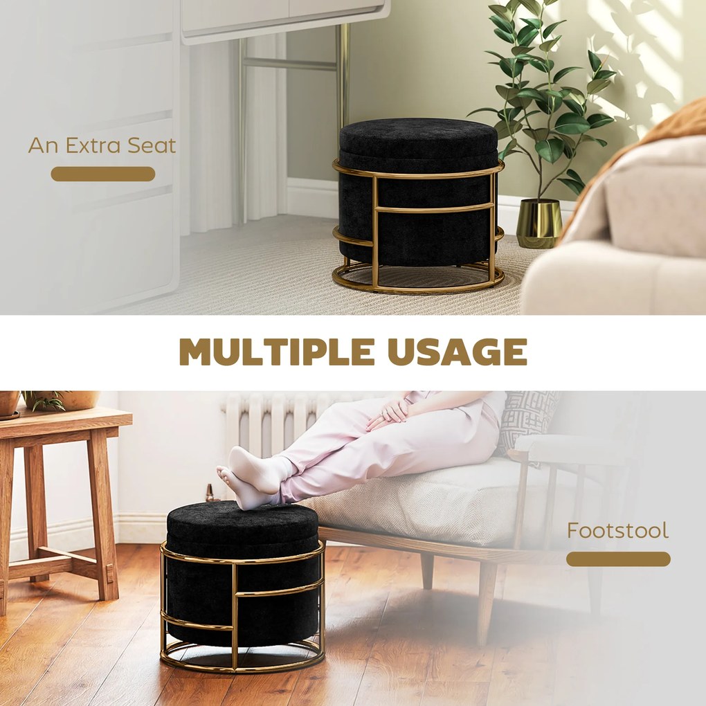 HOMCOM Pufa z przechowalnią, tapicerowany podnóżek, stalowa rama, złote akcenty, Czarny