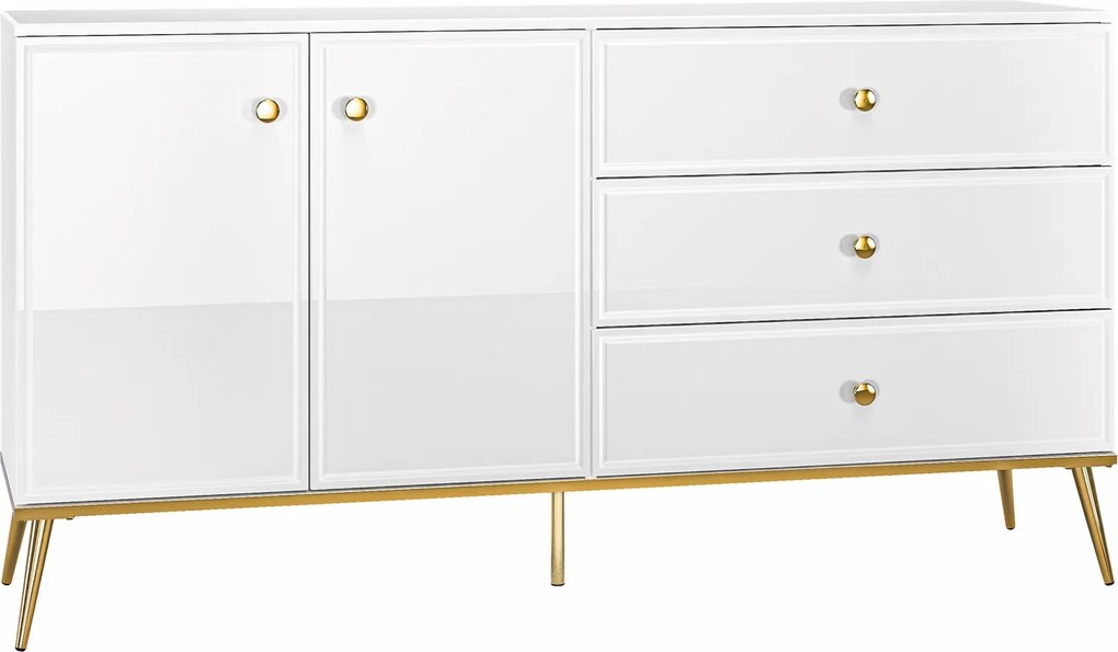 Komoda 160 cm Goldin 04, biały połysk / złoty
